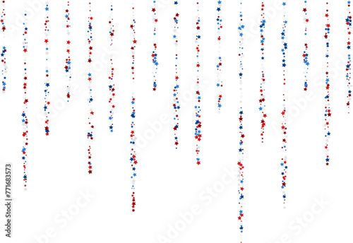Blue and red stars confetti decoration. Top border from falling sparklers. Design element. Special effect on transparent background.