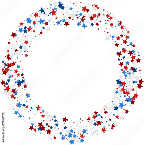 Blue and red stars confetti decoration. Rond frame from falling sparklers. Design element. Special effect on transparent background. © IlayaStudio