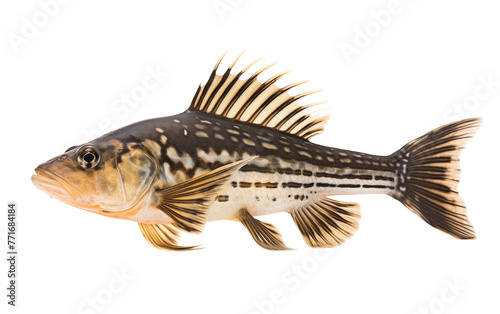 A black and white striped fish gracefully swims on a white canvas