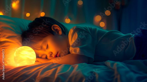 The child sleeps with a lamp. selective focus.