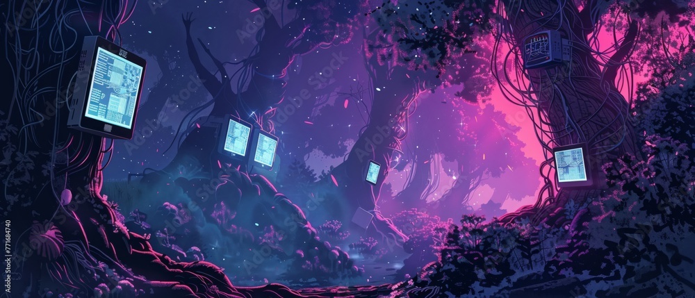 A digital jungle where electronic devices sprout as trees and vines in a vivid surreal forest A digital jungle where electronic devices sprout as trees and vines in a vivid surreal forest