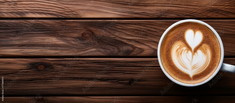 A singleorigin cortado, served in a brown coffee cup with a heart shaped latte art, placed on a wooden table A singleorigin cortado, served in a brown coffee cup with a heart shaped latte art, placed on a wooden table