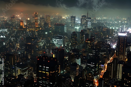   A cityscape at night  with contrasting warm artificial lights and the cool night sky 