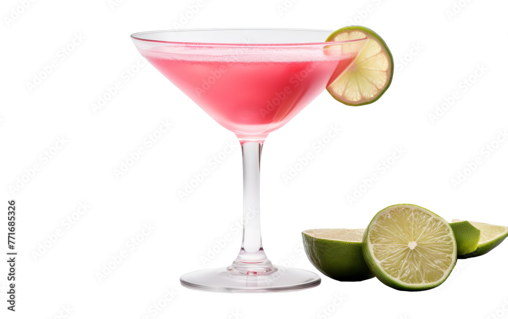 A pink drink adorned with vibrant limes and a slice of lime on a glass, against a bright background