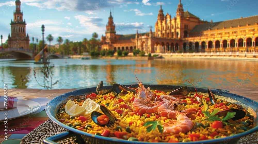 paella in Seville, spanish most traditional dish - obrazy, fototapety, plakaty 