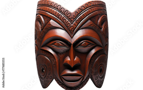 A beautifully crafted wooden mask stands out against a stark white backdrop