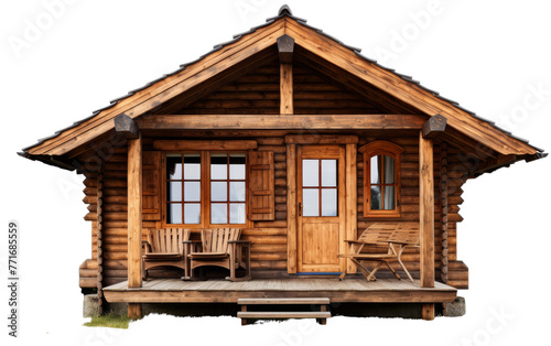 A quaint log cabin with a porch and chairs nestled in a peaceful setting