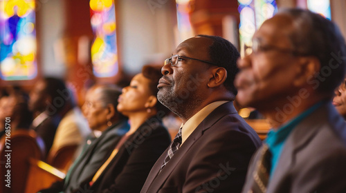 Side view of an African-American man sitting in a church during a religious conference