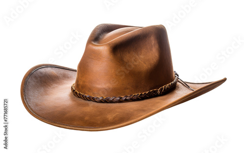 A lone brown cowboy hat stands boldly against a stark white background