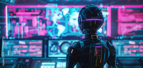 An advanced humanoid robot stands motionless as a roboticist inputs complex commands, their silhouette illuminated by the vibrant glow of futuristic monitors. photo