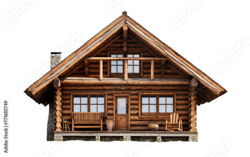 ** A cozy log cabin complete with a charming porch adorned with rocking chairs © momina
