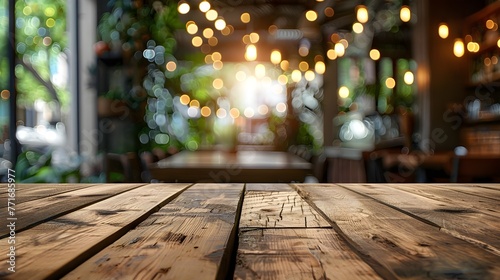 Empty wooden table top with lights bokeh on blur restaurant background ai generated  