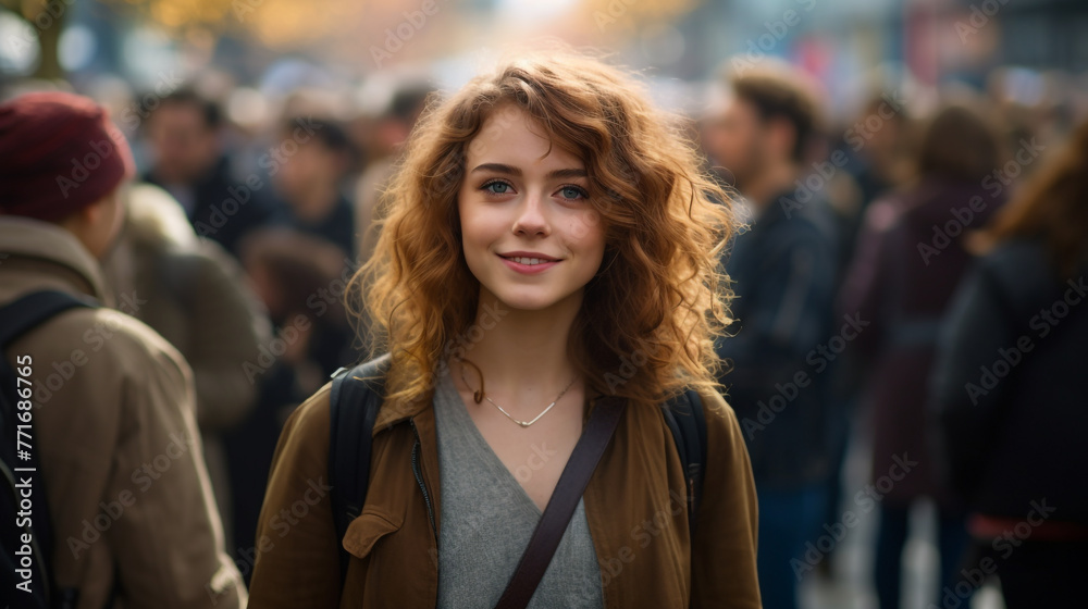 A young brunette backpacker girl walking in the busy crowd