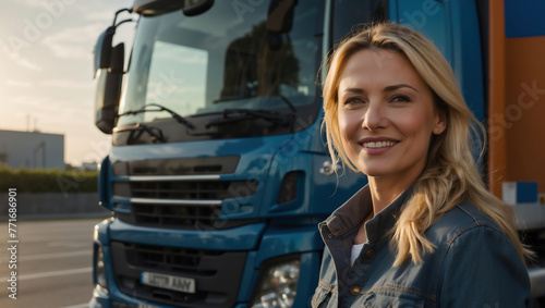 Kompetente weibliche LKW-Fahrerin vor ihrem Fahrzeug - Logistik und Gleichberechtigung