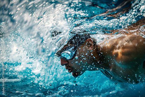 The look of a professional swimmer in a cap and goggles swimming underwater.