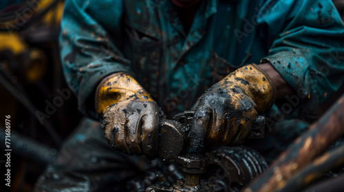 A worker's grease-covered hands engage in the dirty yet vital work of repairing industrial machinery.