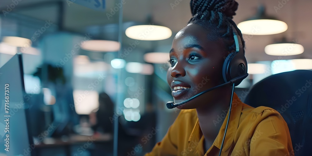 A woman in a call center office wearing a headset assists a customer over the phone. Concept Customer Service, Call Center, Headset, Assistance, Phone Support