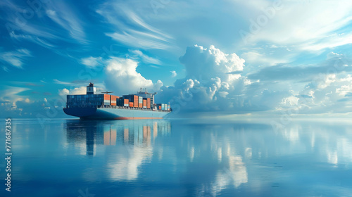 A large freighter carrying colorful shipping containers reflects on the serene ocean, showcasing maritime logistics and global trade. photo