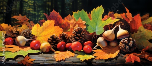 A plantthemed wooden table adorned with autumn leaves, pine cones, acorns, and tomatoes, creating a natural landscape with a mix of food and flower ingredients photo