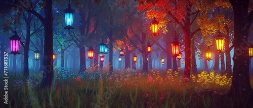 3D mystical forest clearing illuminated by multi color lanterns