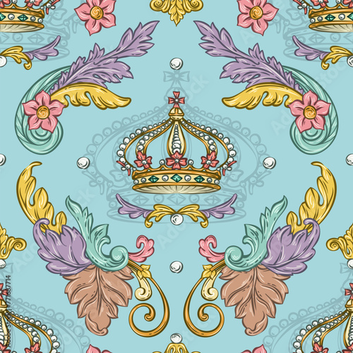 Luxury decorative vector seamless pattern with royal crown, rococo and baroque style (ID: 771687714)