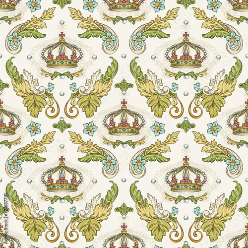 Luxury decorative vector seamless pattern with royal crown, rococo and baroque style (ID: 771687741)