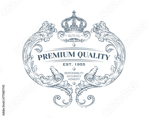 Luxury decorative vector premium quality label with crown, rococo and baroque style (ID: 771687743)