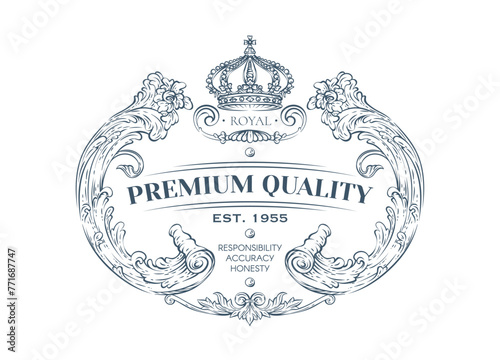 Luxury decorative vector premium quality label with crown, rococo and baroque style (ID: 771687747)