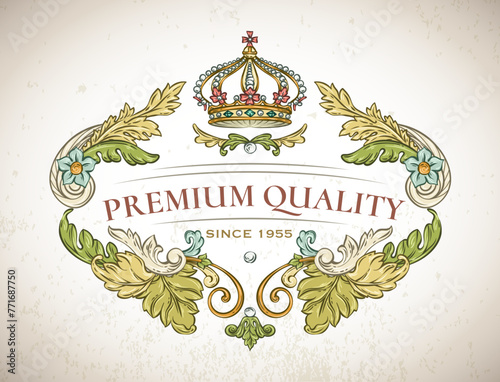 Luxury decorative vector premium quality label with crown, rococo and baroque style (ID: 771687750)