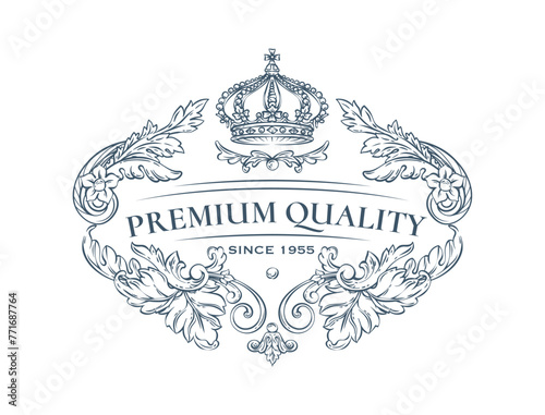Luxury decorative vector premium quality label with crown, rococo and baroque style (ID: 771687764)