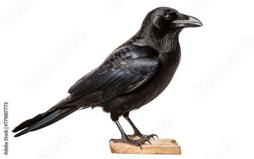 A black bird perched atop a wooden block