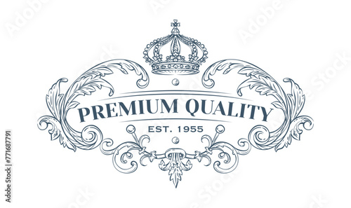 Luxury decorative vector premium quality label with crown, rococo and baroque style