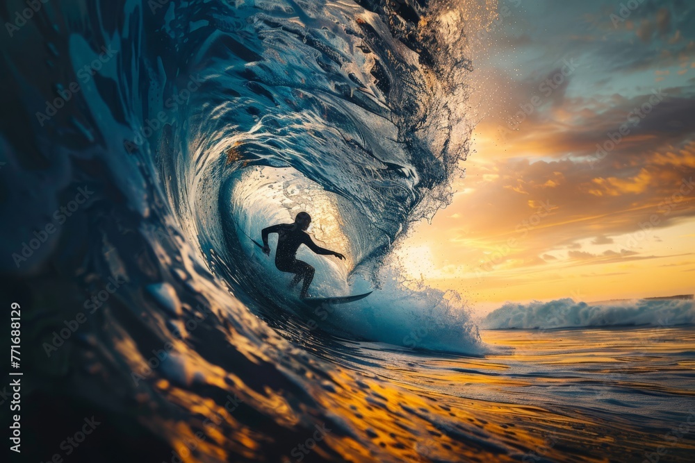 Obraz premium Silhouetted surfer riding a perfect tube wave at golden sunset. Surfing dream realized.