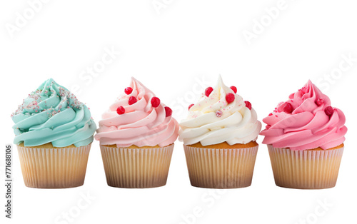A variety of cupcakes with colorful frosting and sprinkles lined up in a tempting display