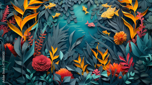 Intricately crafted paper art featuring an underwater scene with colorful fish and coral made from paper.