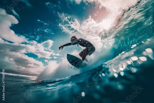 Intense surfer carving a wave, water droplets frozen in time. Surfing action captured.