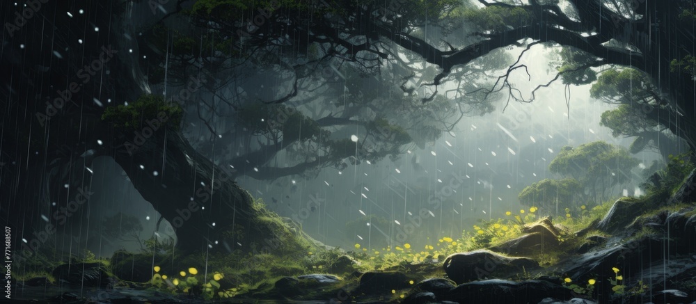 A dark forest with trees and flowers in the rain, creating a mystical and enchanting natural landscape under the cloudy sky A dark forest with trees and flowers in the rain, creating a mystical and enchanting natural landscape under the cloudy sky