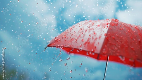Raindrops are falling on to red umbrella against blur sky background with space for copy
