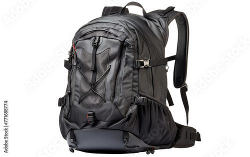A sleek black backpack with adjustable straps lying on the ground