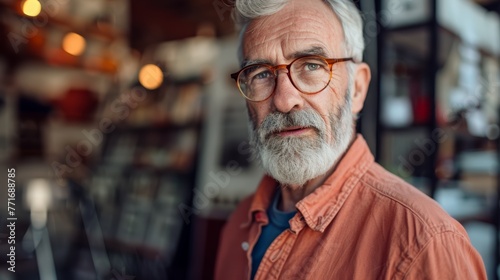 Portrait of an elderly man with orange glasses in a cafe environment. Close-up photography with a blurred background.