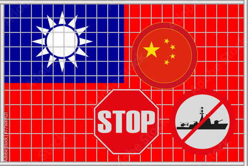 Vector illustration of the flag of Taiwan under the lattice. Concept of isolationism. No war