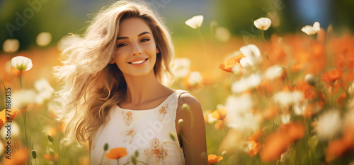 Female model standing in spring blooms, panoramic view with ample space, serene nature backdrop, beautiful girl surrounded by flowers, long-haired female posing outdoors, tranquil scene with copy area