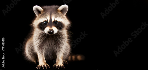 Portrait of cute baby racoon sitting on black studio backdrop, full of copy space, broad banner