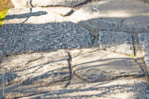 Abstract background with old outdoor stone road in Japanese park in Nagoya, Japan. 