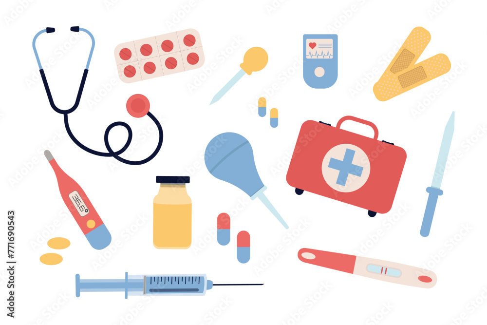 Medical vector icon set. pills,pharmacy drug,medical equipment box,plaster,syringe,stethoscope