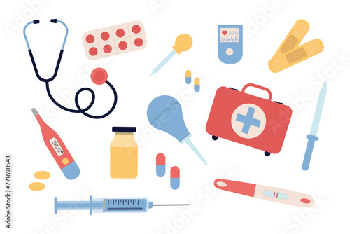 Obraz na płótnie Medical vector icon set. pills,pharmacy drug,medical equipment box,plaster,syringe,stethoscope w salonie