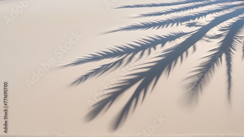 Tropical leaf shadow on water surface. Shadow of palm leaves on white sand beach. Beautiful abstract background concept banner for summer vacation at the beach.
