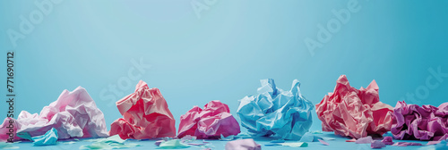 Colorful crumpled paper balls strewn across a bright blue background, suggesting creative brainstorming or frustration. photo