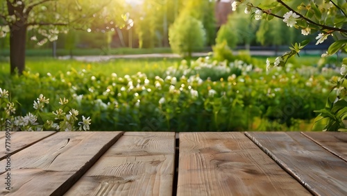 Spring beautiful background with green lush young foliage and flowering branches with an empty wooden table on nature outdoors in sunlight in garden.