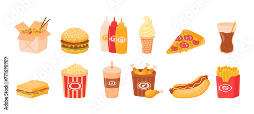 Fast street food lunch or breakfast meal set isolated on white background. Cartoon fast food unhealthy burger sandwich, hamburger, pizza food restaurant menu snacks. Vector illustration